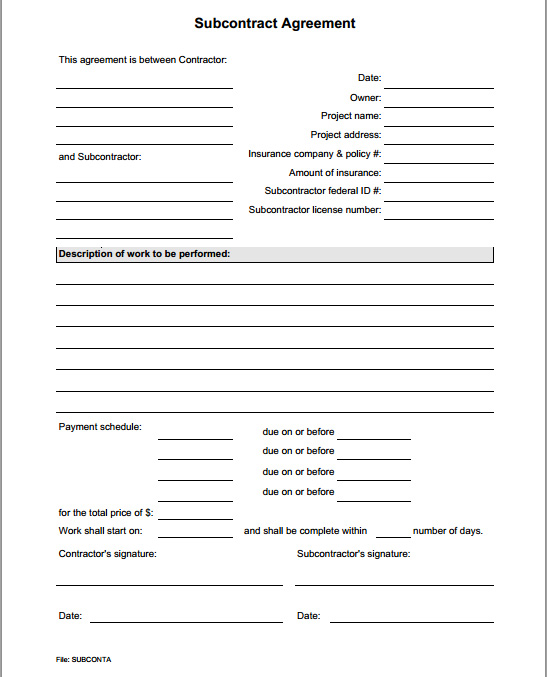subcontract agreement form subcontract agreement form